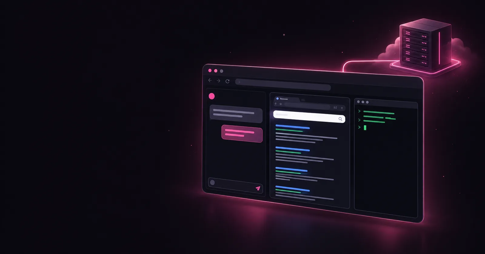 An AI agent's workspace — chat, live browser and terminal — connected to its own dedicated server